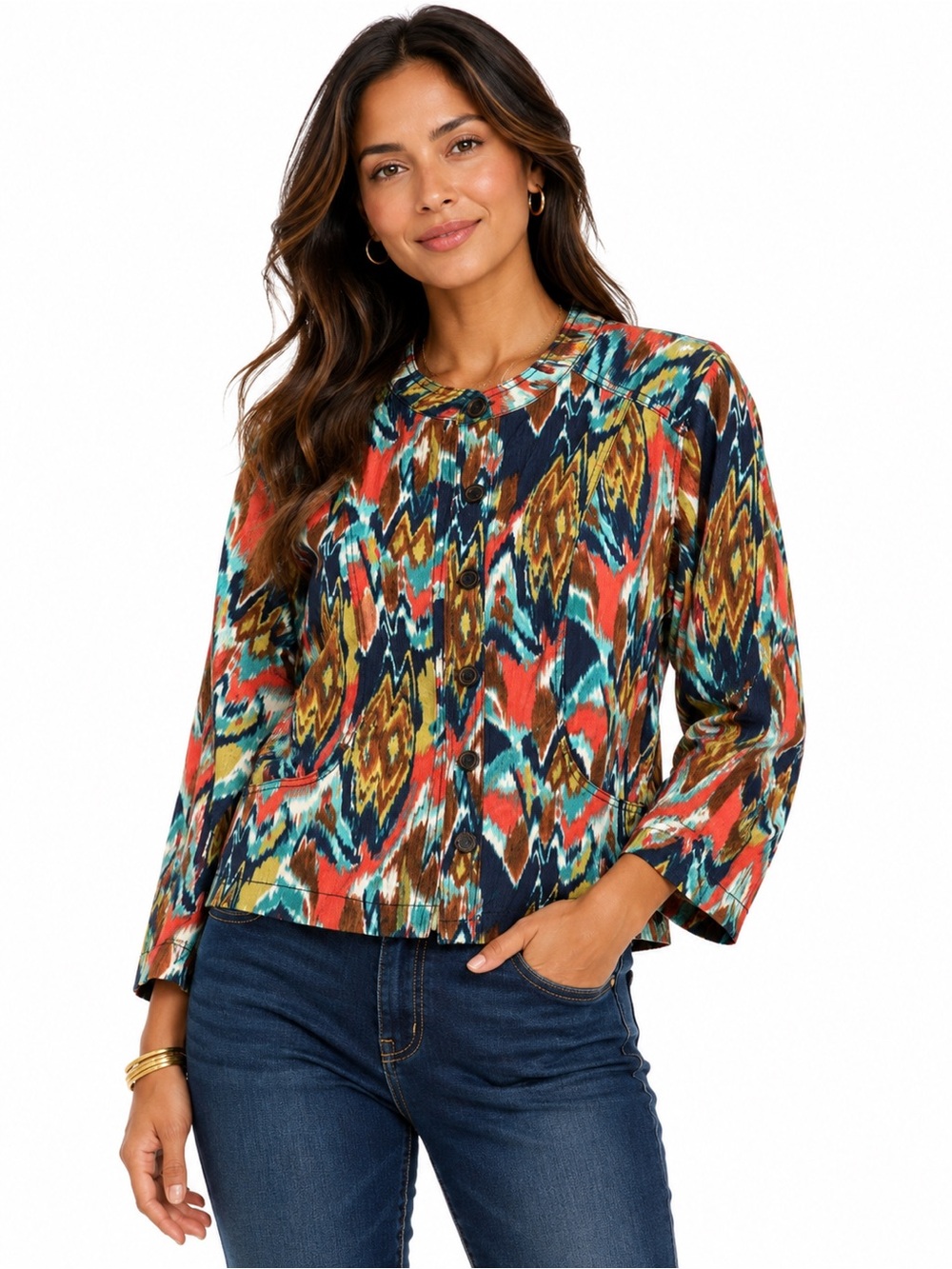 City Blues abstract Printed button down long sleeve blazer jacket, Size 10